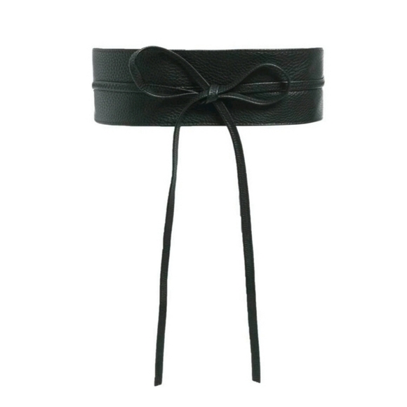 Women's Black textured Faux leather corset wide tie waist vegan wrap obi… - Picture 4 of 11